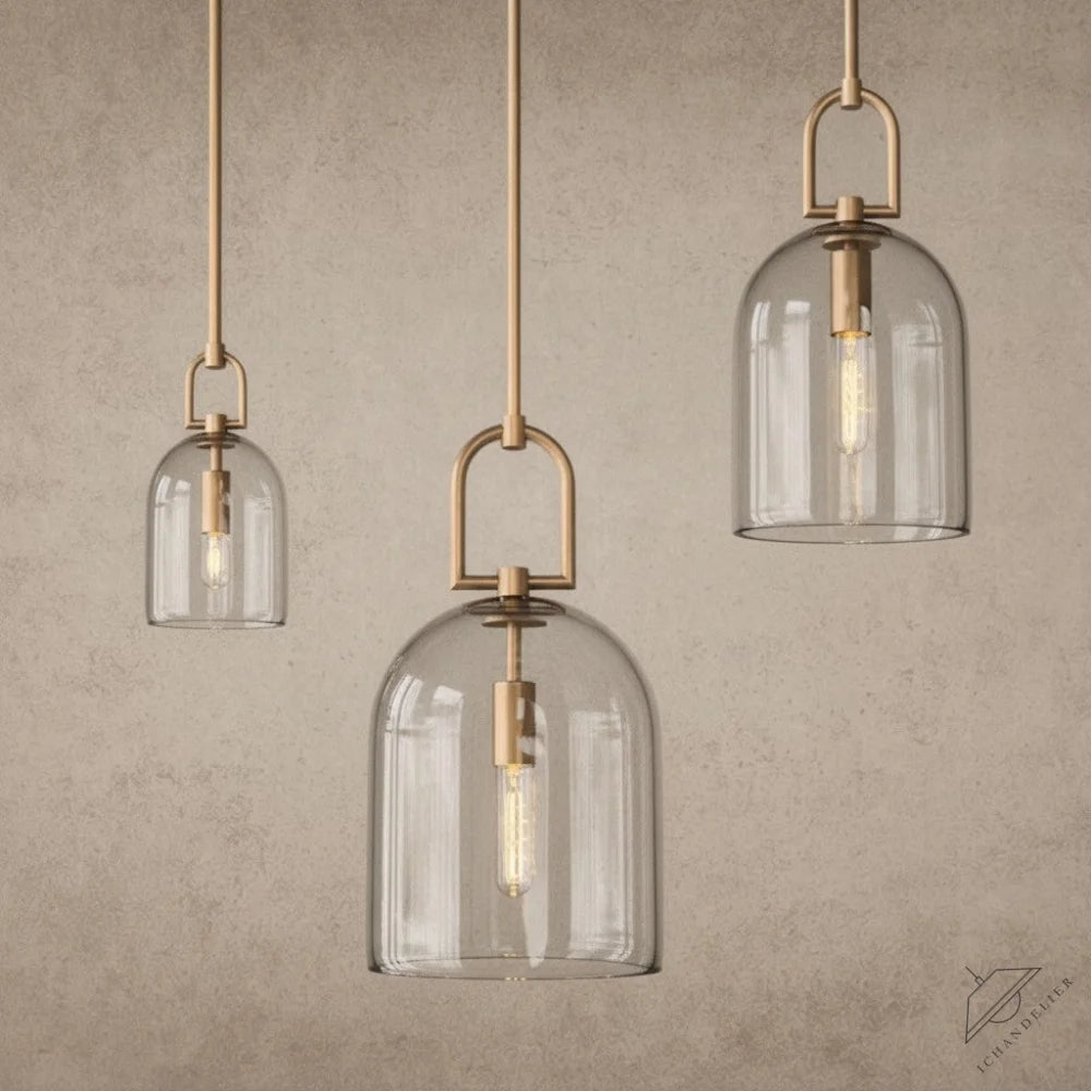 ichandelier Botanist Cloche Pendant, clear glass bell shade with vertical ribs, brass hardware, Edison bulb