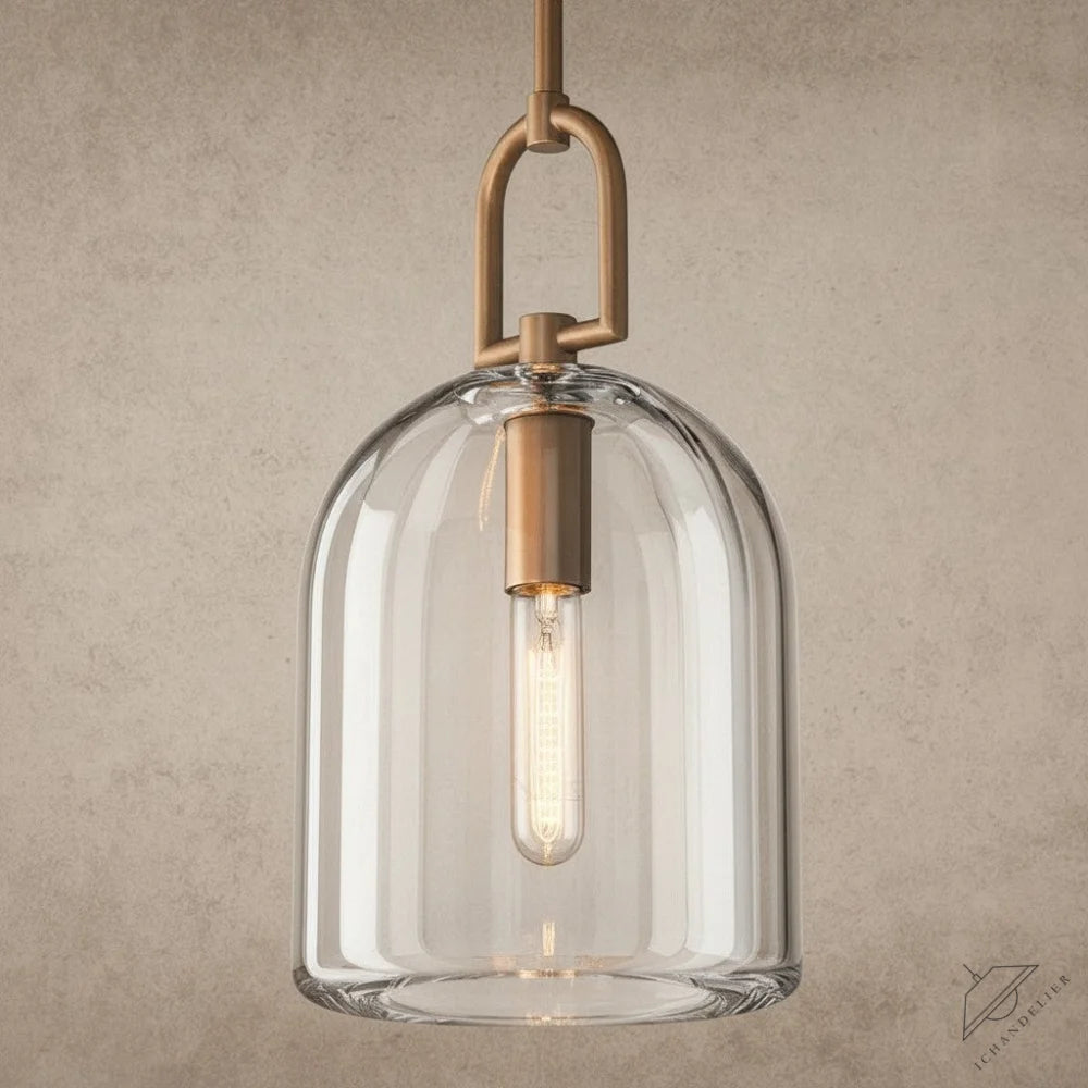 ichandelier Botanist Cloche Pendant, clear glass bell shade with vertical ribs, brass hardware, exposed Edison bulb