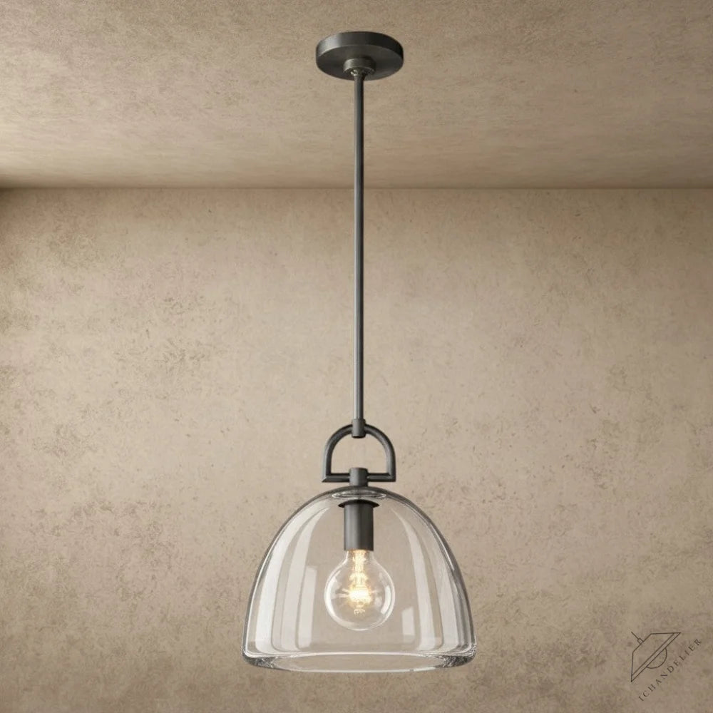 ichandelier Botanist Dome Pendant, clear glass shade, dark bronze finish, adjustable height, ideal for kitchens and dining rooms.
