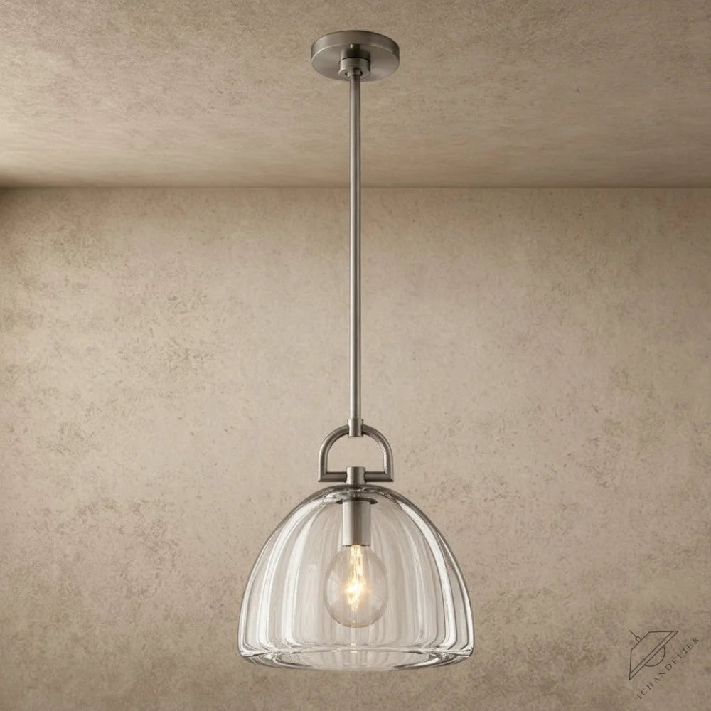 ichandelier Botanist-Dome-Pendant, clear glass pendant light with ribbed texture and brushed nickel finish