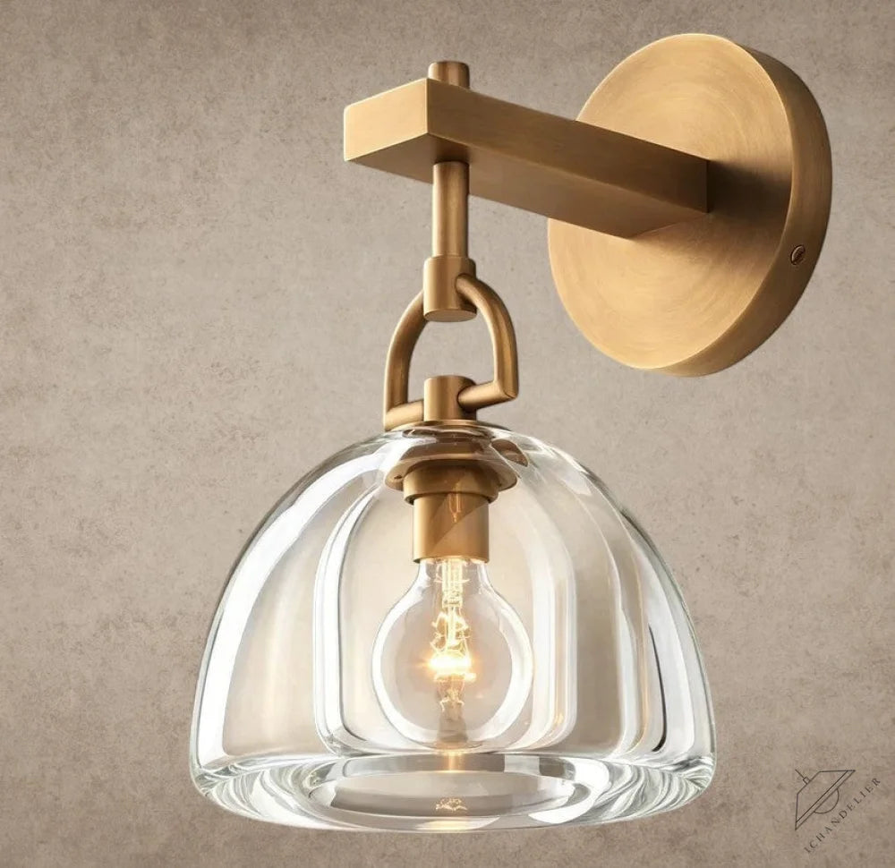 ichandelier Botanist Dome Sconce, clear glass shade with ribbed texture, antique brass finish, modern wall light