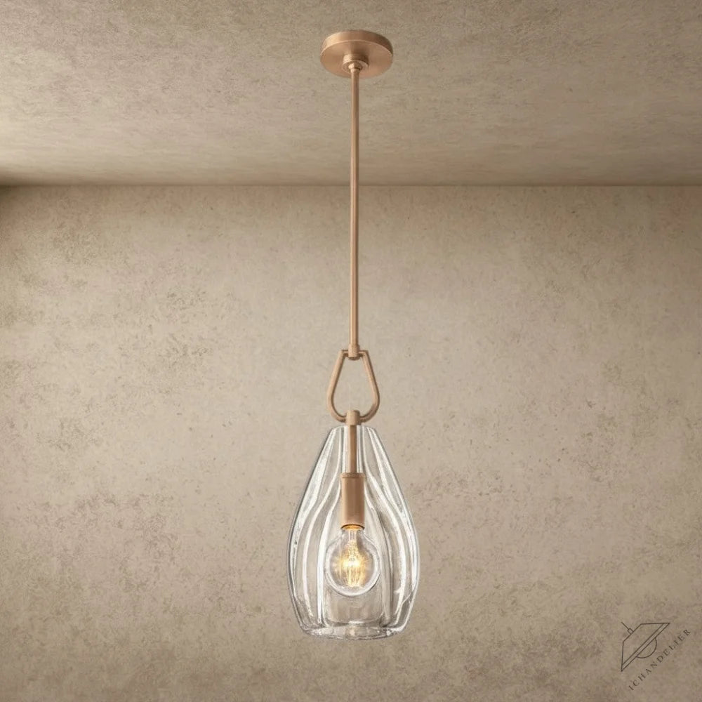 ichandelier Botanist Flute Pendant, clear glass teardrop shade with ribbed texture, brass hardware, modern accent lighting