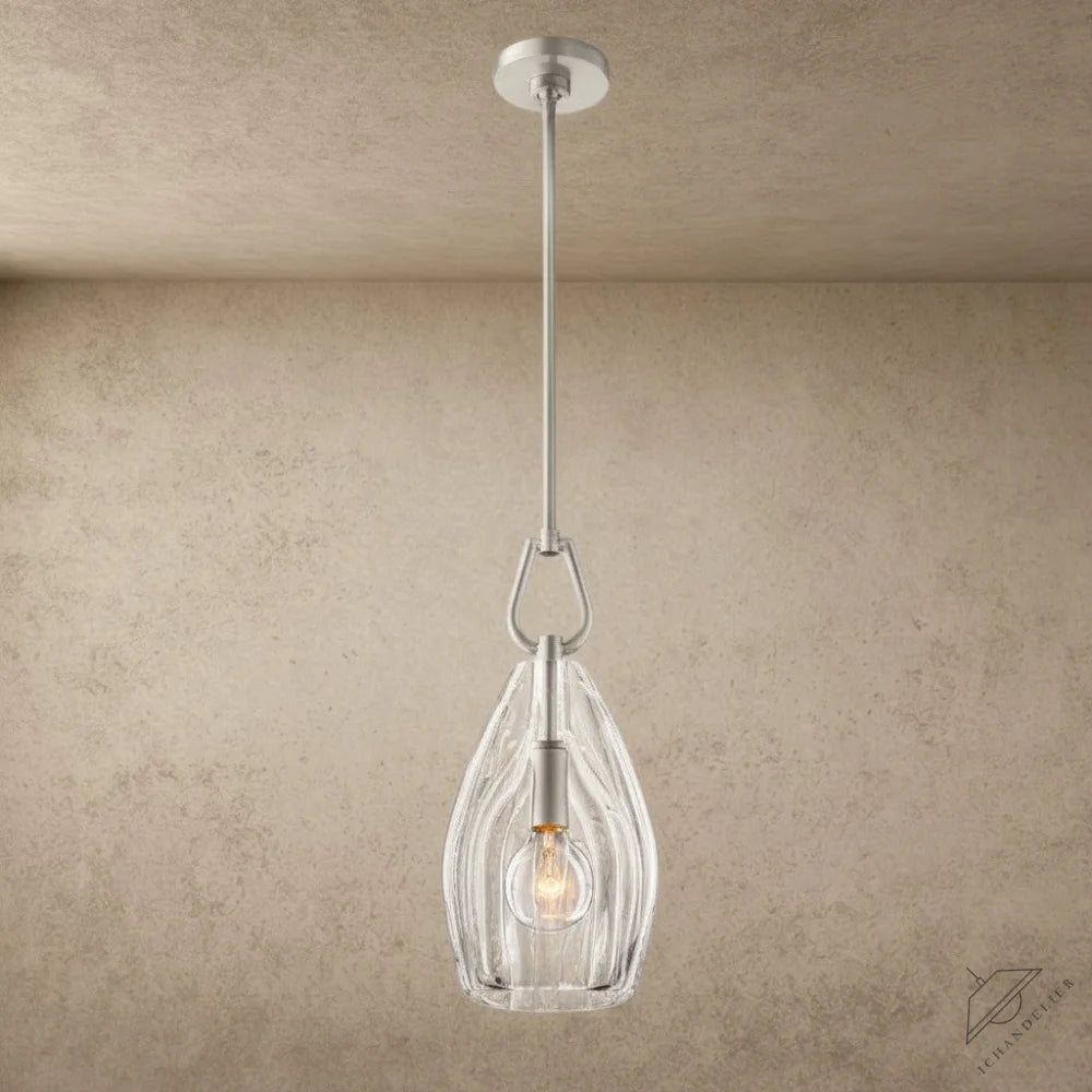 ichandelier Botanist Flute Pendant, clear glass teardrop shade with ribbed texture, brushed nickel hardware, exposed bulb
