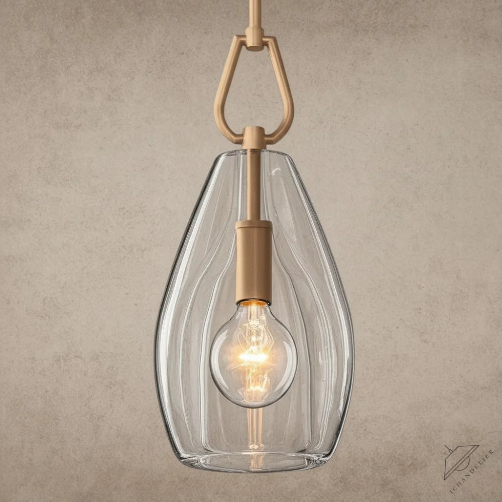 ichandelier Botanist Flute Pendant, clear glass teardrop shade with ribbed texture, brass hardware, Edison bulb