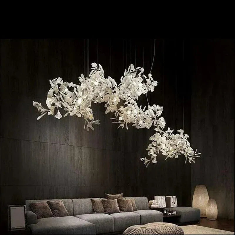 60" L / All white leaves Ceramic Ginkgo Branch Chandelier Light