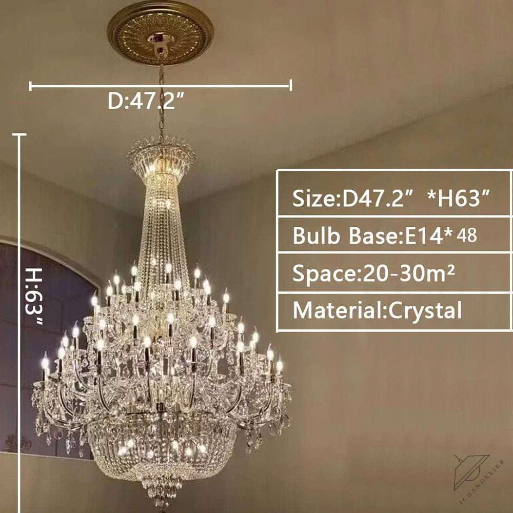 4 Layers / D47.2"*H63"/ 48 Lights / Gold / Warm Light Extra Large European-style Multi-layers Candle Luxury Crystal Chandelier Gold Art Foyer/Staircase Decorative Light Fixture