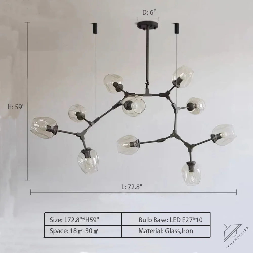 10 Lights: L72.8"*H59.0" / Warm Light Extra Large Industrial Fashion Branch Multiple Glass Pendant Chandelier for Living/Dining Room