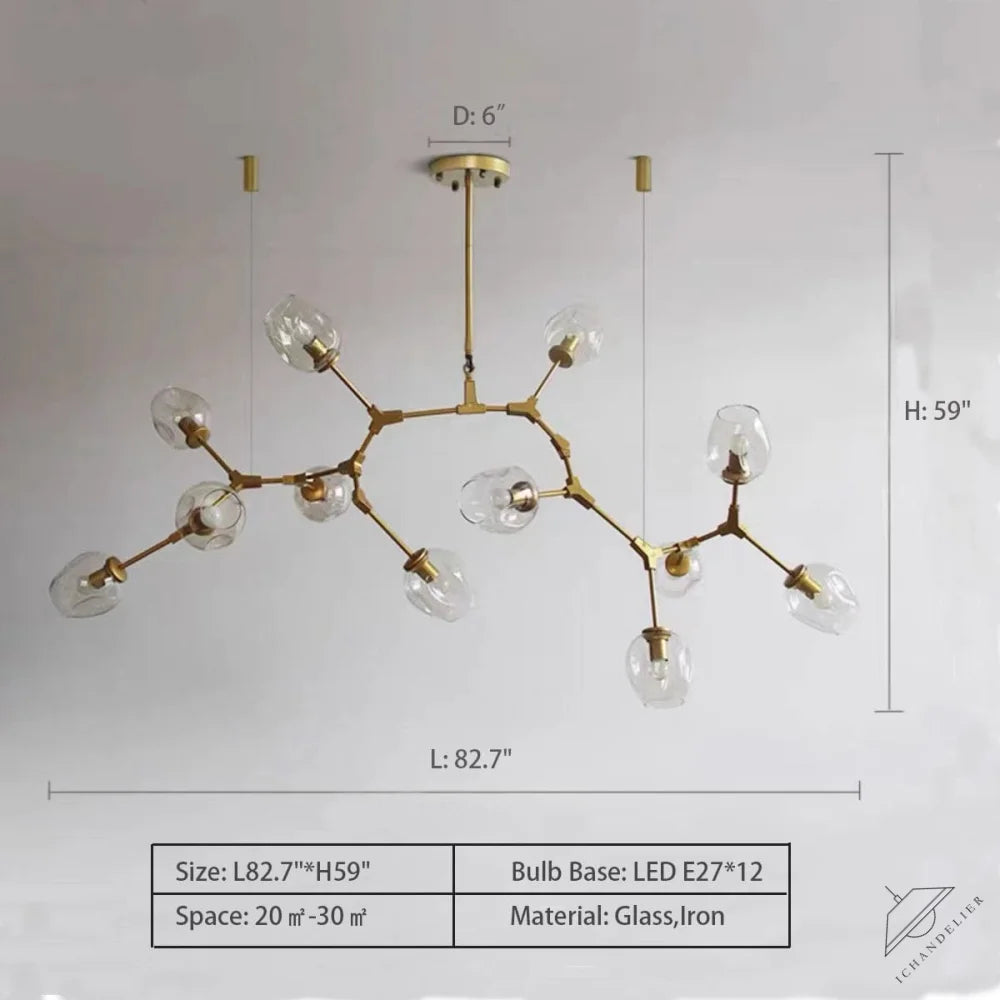 12 Lights: L82.7"*H59.0" / Warm Light Extra Large Industrial Fashion Branch Multiple Glass Pendant Chandelier for Living/Dining Room