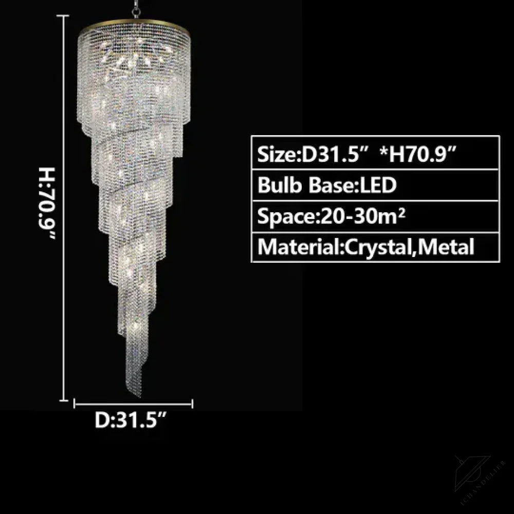 D31.5"*H70.9" / Gold / Warm Light Extra Large Spiral Tiered Long Crystal Chandelier Luxury Crystal Tassel Light Fixture For Staircase/Entryway