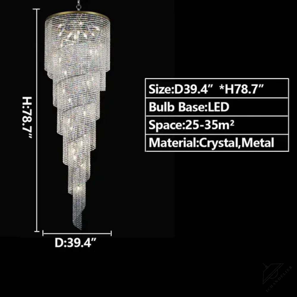 D39.4"*H78.7" / Gold / Warm Light Extra Large Spiral Tiered Long Crystal Chandelier Luxury Crystal Tassel Light Fixture For Staircase/Entryway