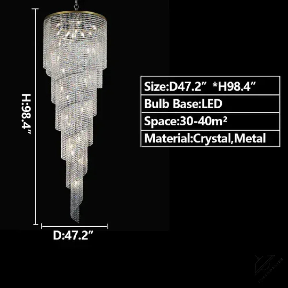 D47.2"*H98.4" / Gold / Warm Light Extra Large Spiral Tiered Long Crystal Chandelier Luxury Crystal Tassel Light Fixture For Staircase/Entryway