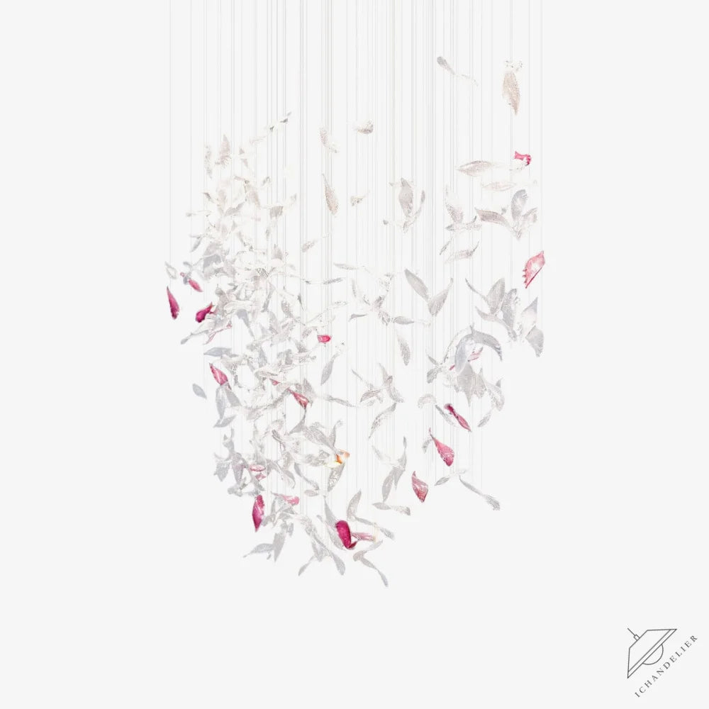 L 100cm x W 60cm x H 150cm / L 39.4″ x W 23.6″ x H 59.1″ / Clear & Pink Flying Glass Feather Chandelier