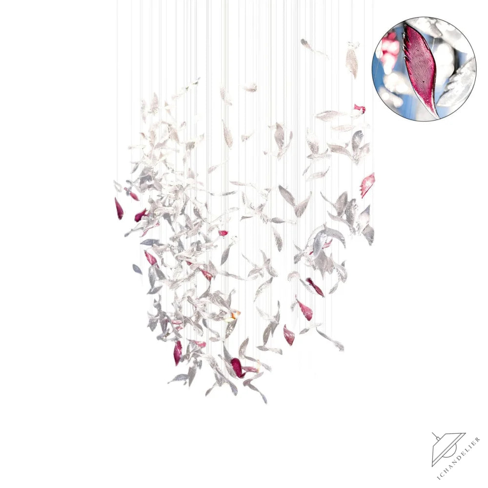 L 150cm x W 60cm x H 200cm / L 59.7″ x W 23.6″ x H 78.7″ / Clear & Pink Flying Glass Feather Chandelier