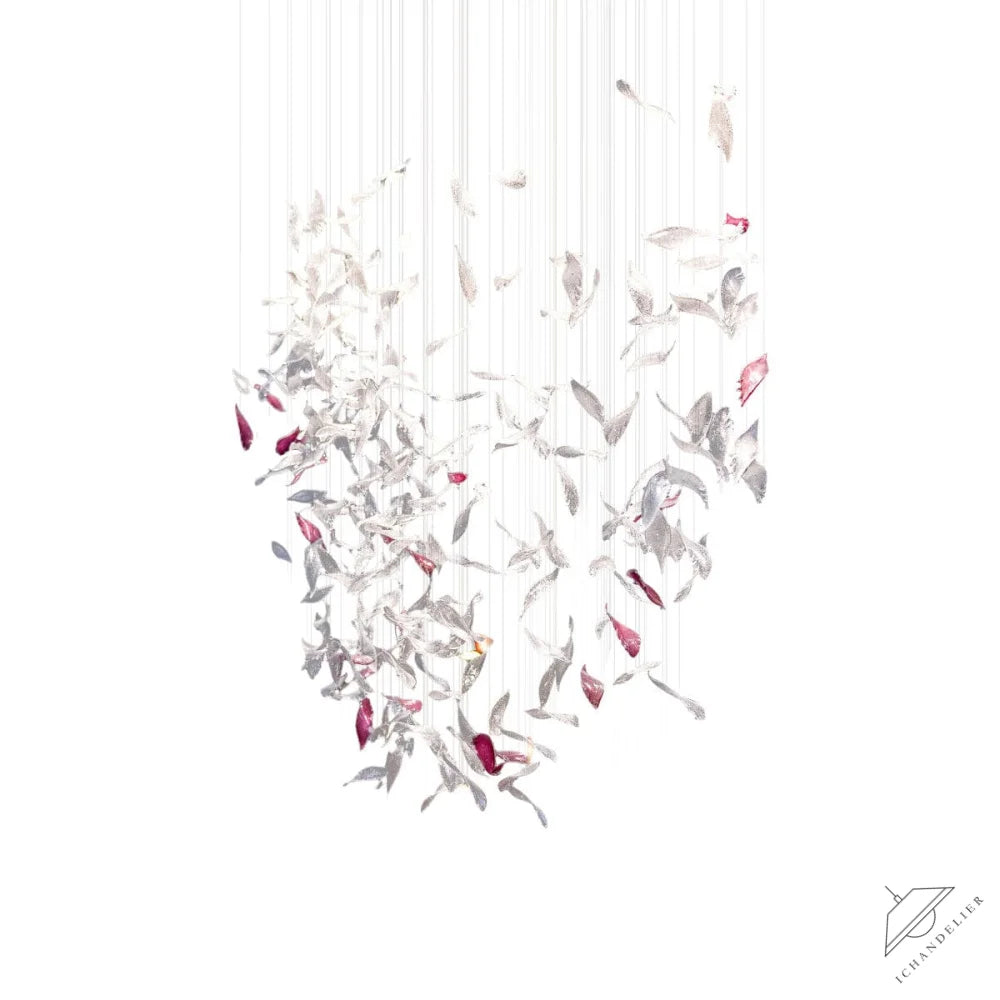L 220cm x W 60cm x H 250cm / L 86.6″ x W 23.6″ x H 98.4″ / Clear & Pink Flying Glass Feather Chandelier