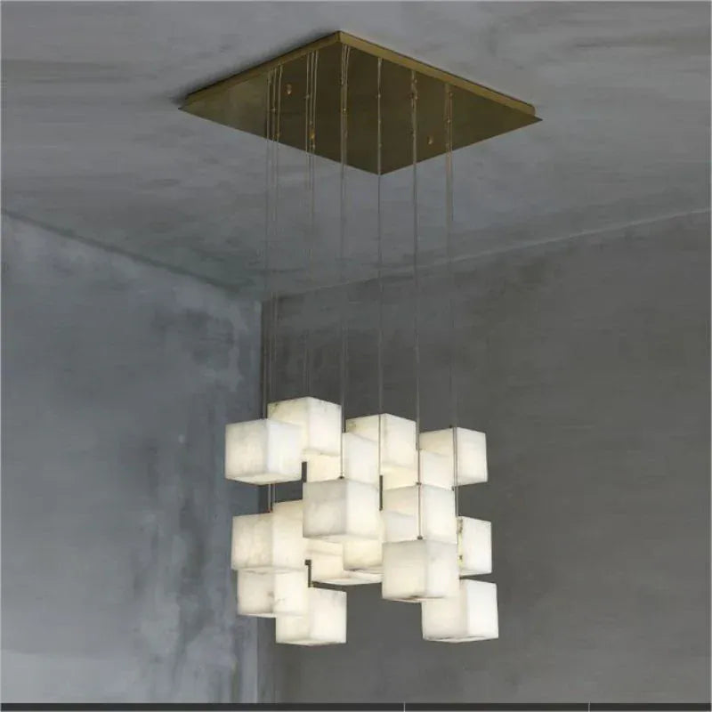 18-Lights Gavin Alabaster Cube Foyer Staircase Long Chandelier 7/ 9/ 12/ 18/ 25/ 36 Lights