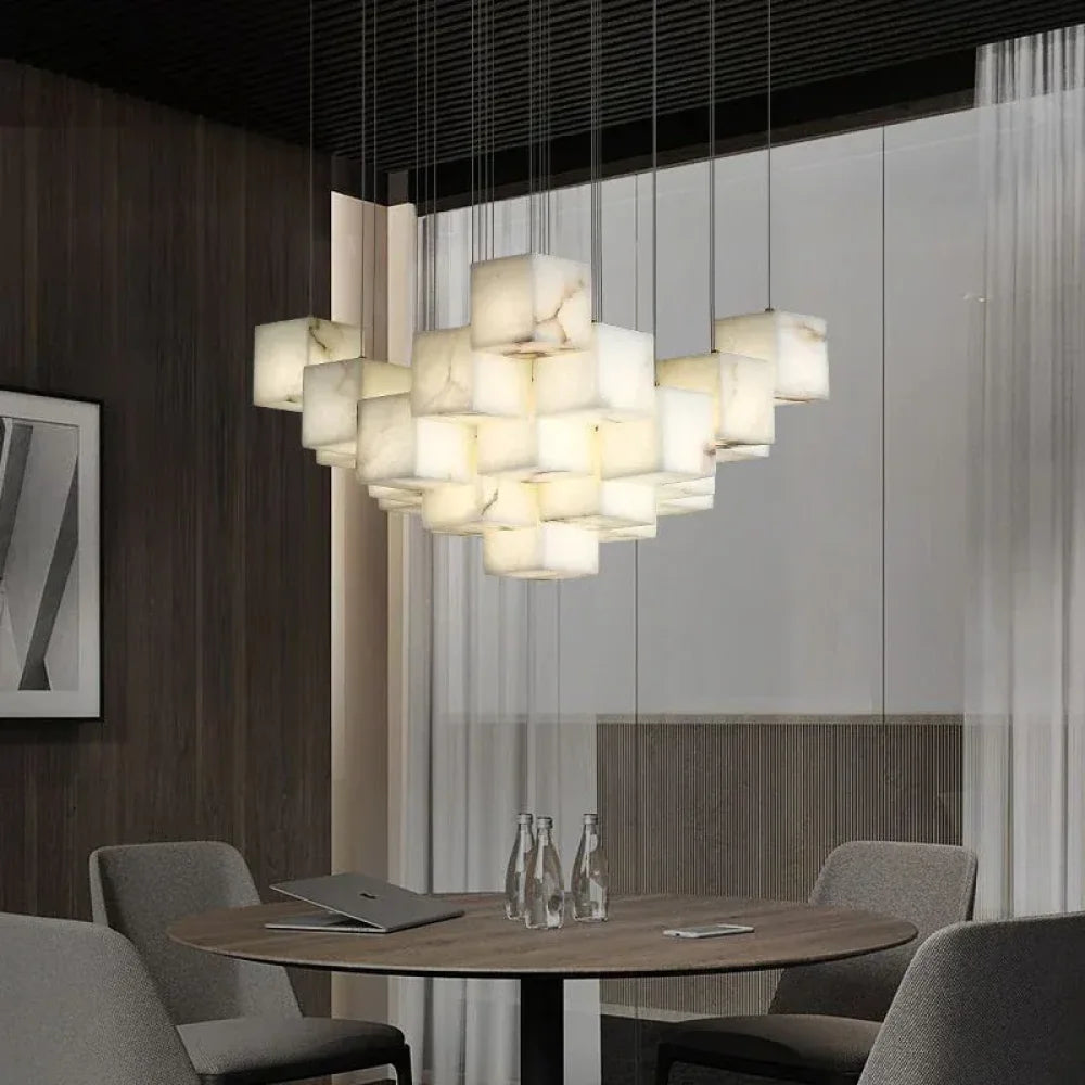 25-Lights Gavin Alabaster Cube Foyer Staircase Long Chandelier 7/ 9/ 12/ 18/ 25/ 36 Lights