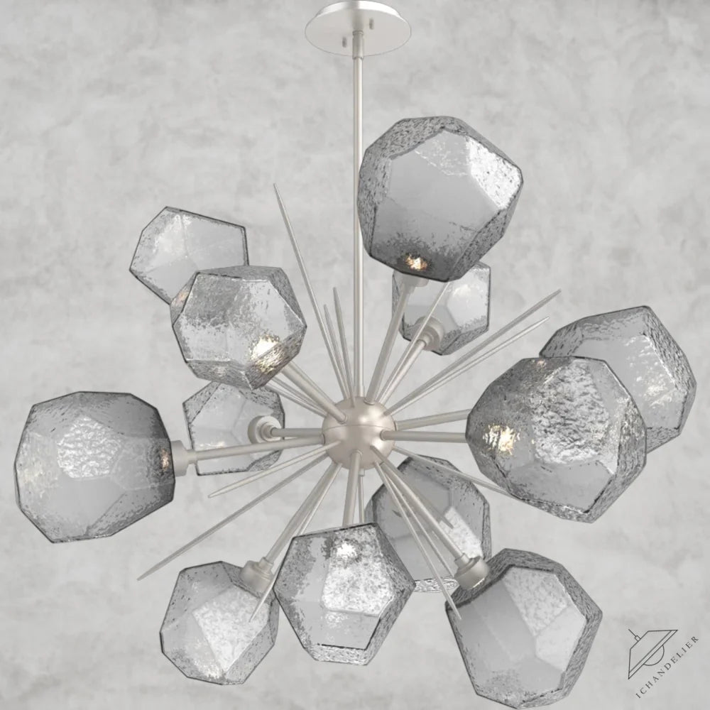 78.3" H x 38.4" Wx 38.4" D / Nickel / Smoke Glass Gem Starburst Chandelier