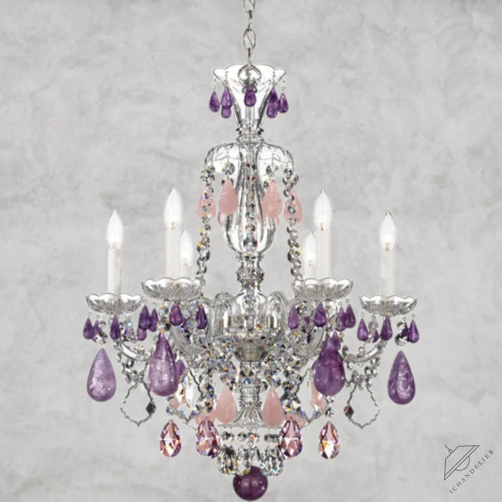 Silver/Amethyst/Rose Hamilton Rock Crystal 6-Light Chandelier 22"