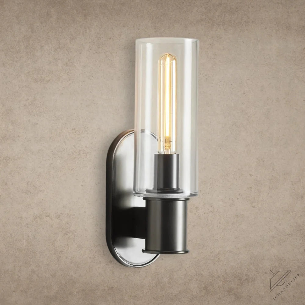 ichandelier Harlin Sconce, clear glass cylinder shade, exposed Edison bulb, brushed nickel finish