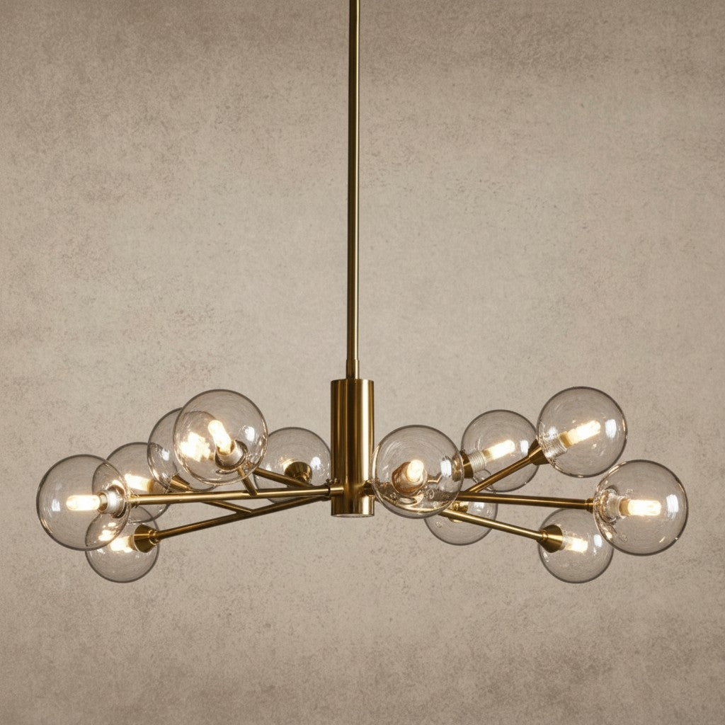 ichandelier Apollo 36/47/59 inch brass chandelier with clear glass globe shades and exposed bulbs