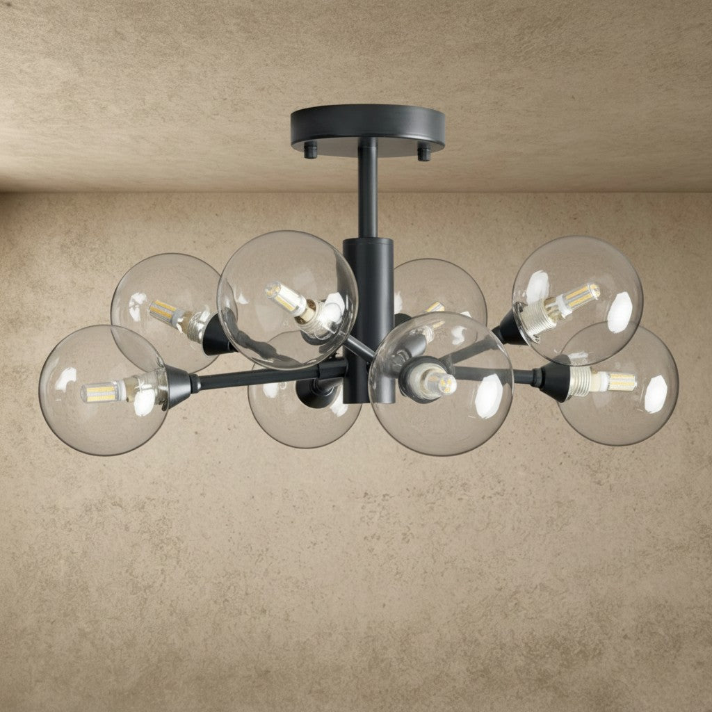 ichandelier Apollo Flush Mount 20 inch, 36 inch, 47 inch, black metal frame with clear glass globe shades, modern ceiling light