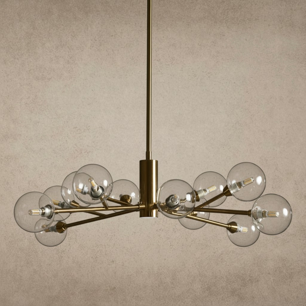 ichandelier Apollo Round Chandelier with clear glass globes and brass finish, available in 36, 47, 59 inch sizes.