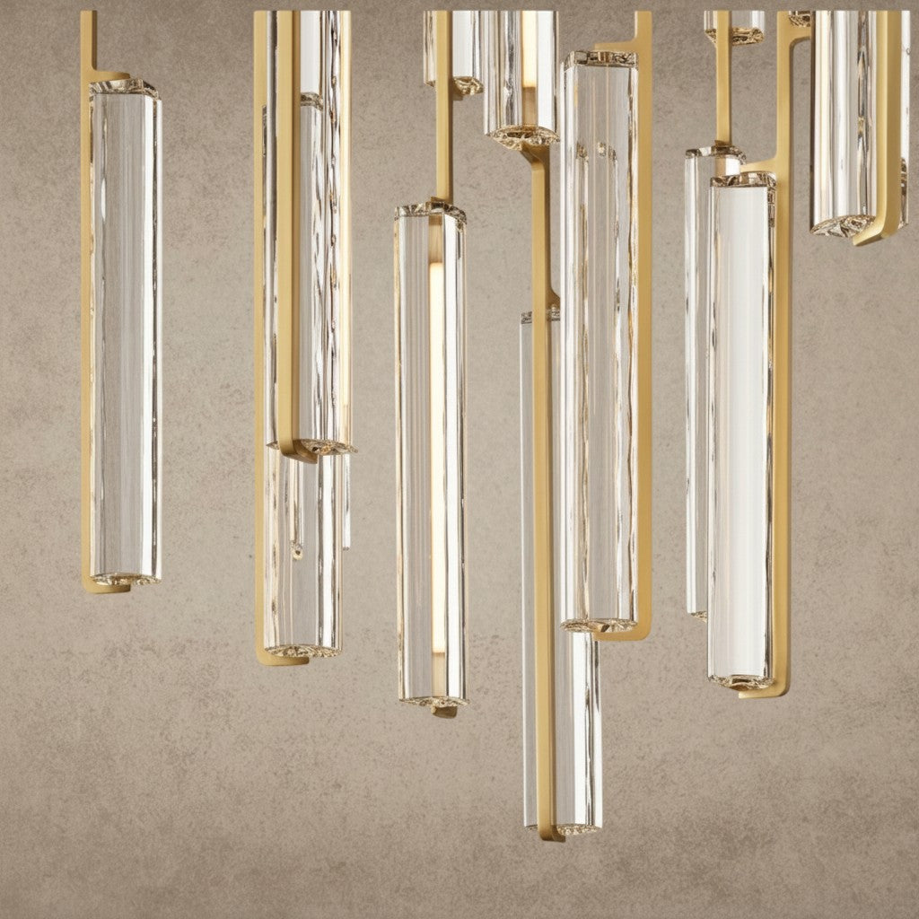 ichandelier Audubon Crystal Round Chandelier with gold accents and clear glass rods, available in 24, 40, and 56 inches.