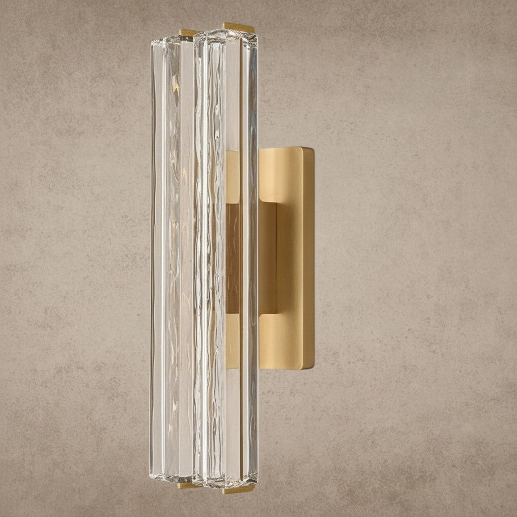 ichandelier Audubon Crystal Double Sconce, modern brass and clear glass wall light, vertical ribbed design