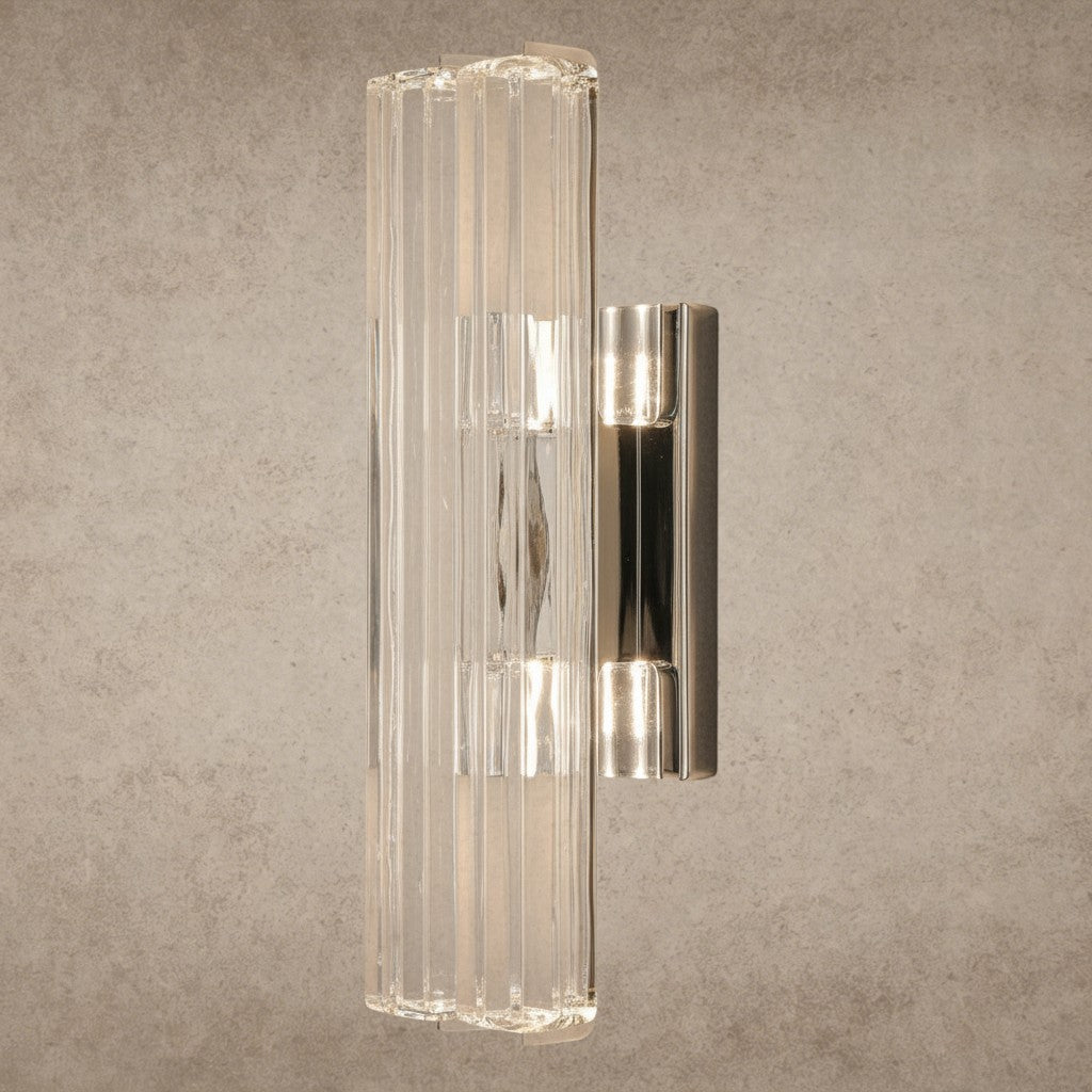 ichandelier Audubon Crystal Double Sconce, modern clear glass wall light with polished nickel hardware