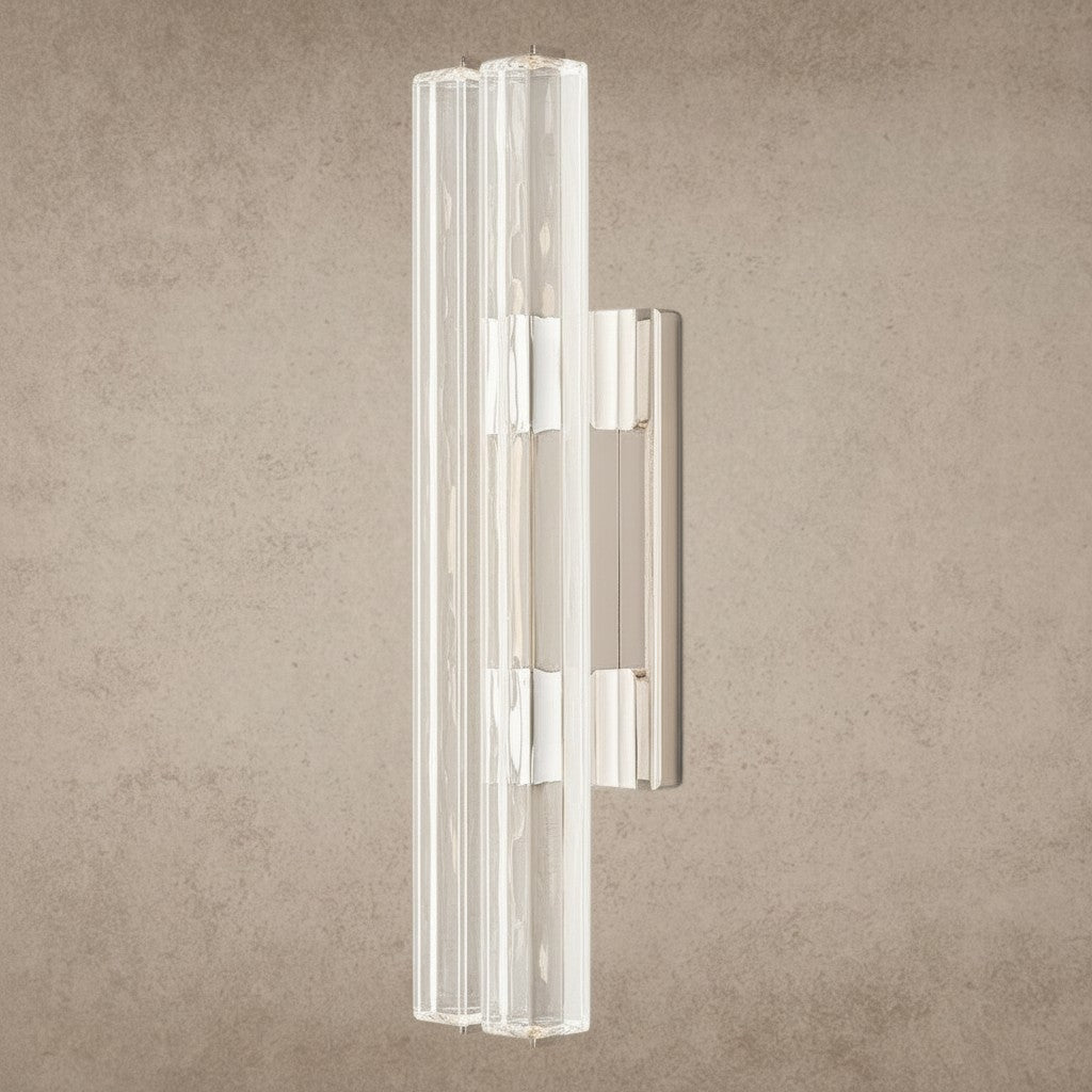 ichandelier Audubon Crystal Double Sconce, vertical clear glass rods with polished chrome accents, modern wall light