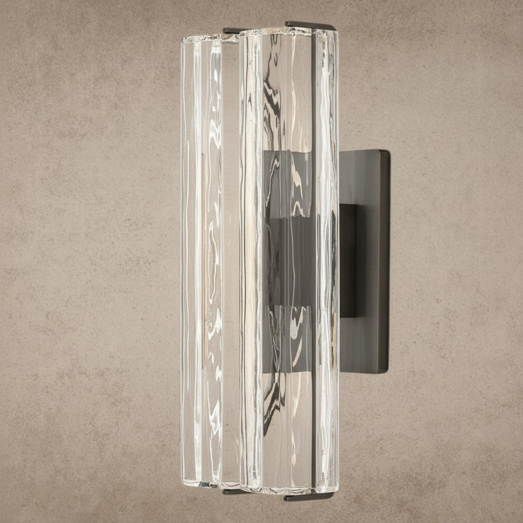 ichandelier Audubon Crystal Double Sconce, clear ribbed glass and dark metal wall light.