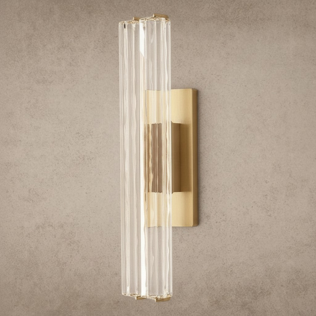 ichandelier Audubon Crystal Double Sconce, vertical ribbed glass and brass wall light