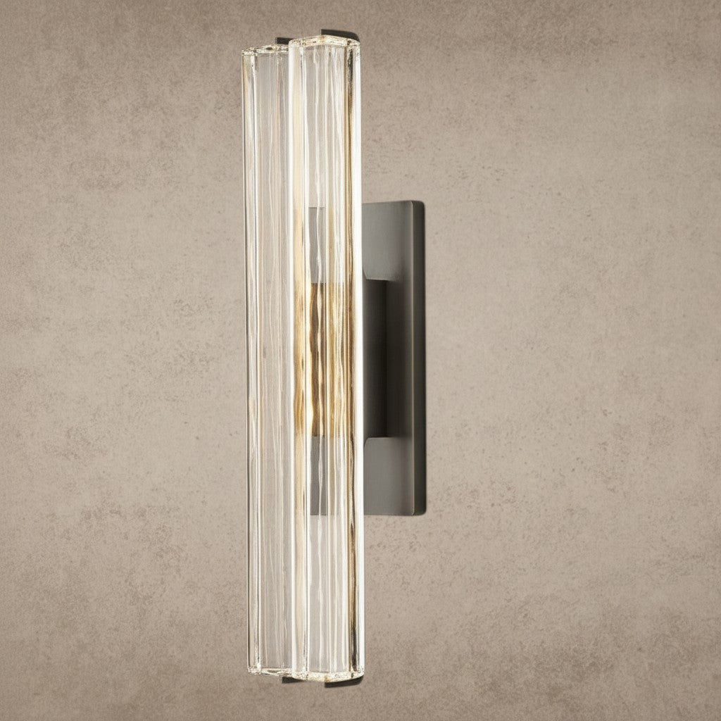 ichandelier Audubon Crystal Double Sconce, modern vertical wall light with clear ribbed glass and gold accents.
