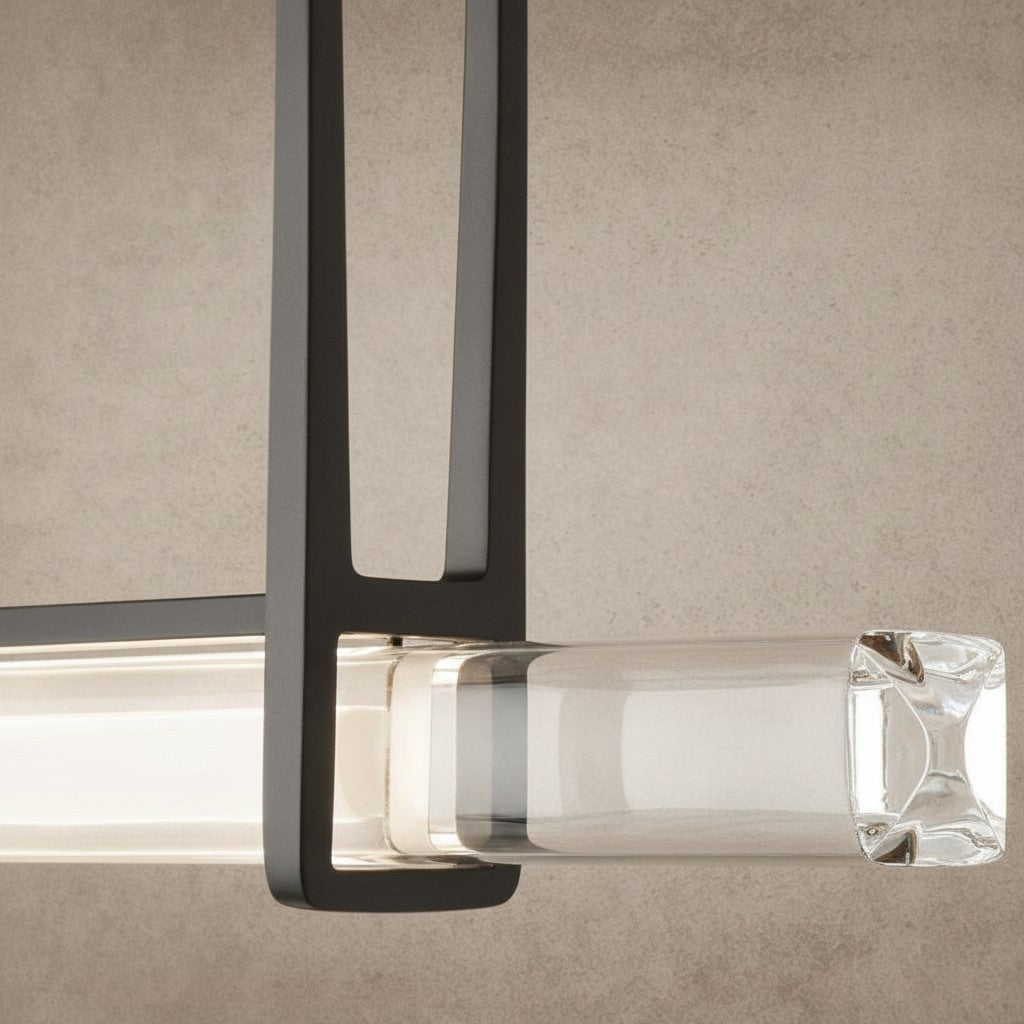 ichandelier Audubon Crystal Linear Single Bar Chandelier with clear crystal accents and dark metal frame.