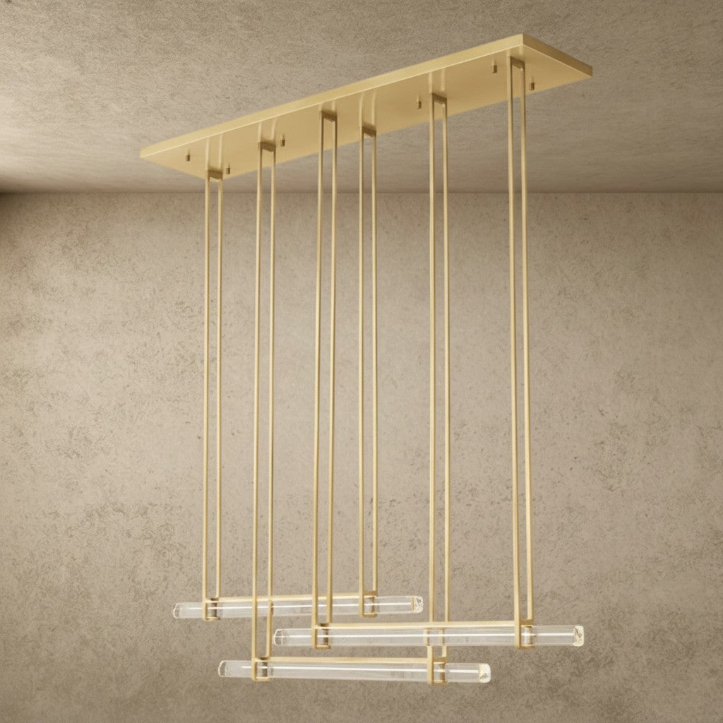 ichandelier Audubon Crystal Triple Bar Linear Chandelier, modern brass finish with clear crystal accents, 60 or 72 inch