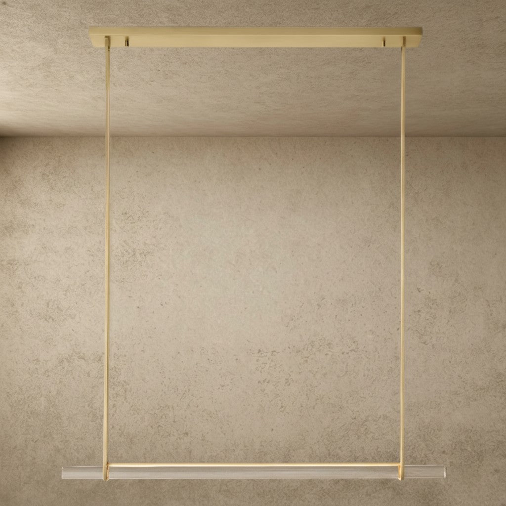 ichandelier Audubon Crystal Linear Single Bar Chandelier, modern brass finish, white glass shade, minimalist design
