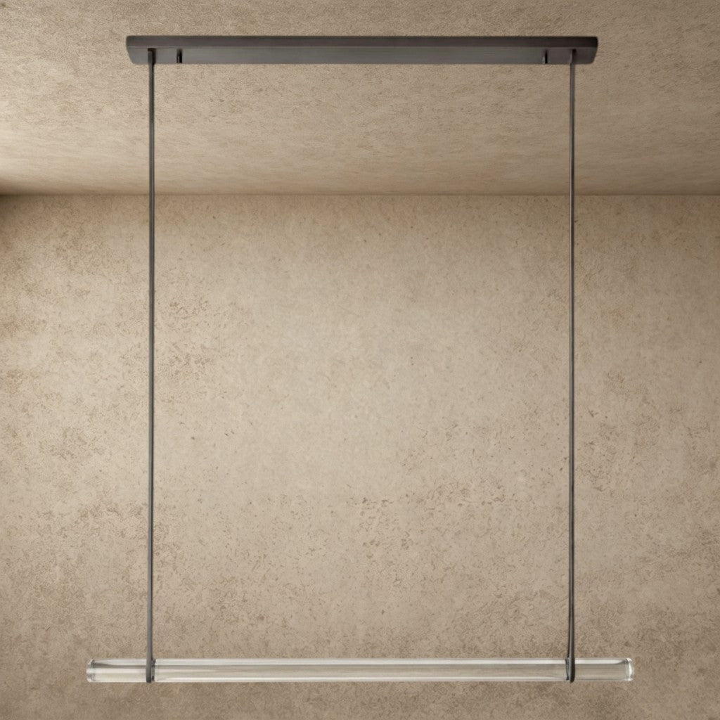 ichandelier Audubon Crystal Linear Single Bar Chandelier, clear glass tube with dark metal accents, modern pendant light