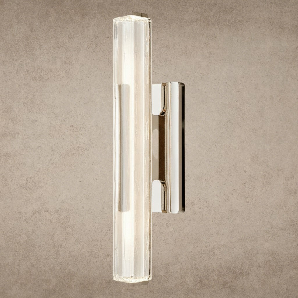 ichandelier Audubon Crystal Single Sconce, vertical clear glass tube with ribbed texture and polished chrome accents.