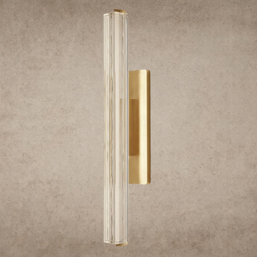 ichandelier Audubon Crystal Single Sconce, vertical clear glass tube with brass hardware, modern wall light