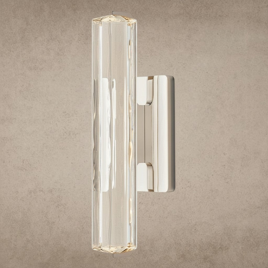 ichandelier Audubon Crystal Single Sconce, clear faceted crystal tube with polished nickel hardware, modern wall light