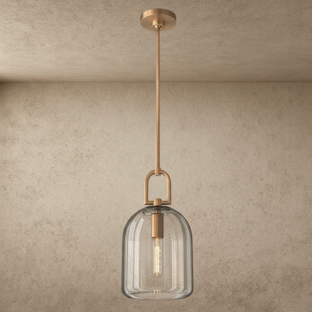 ichandelier Botanist Cloche Pendant, clear glass shade with vertical ridges, brass hardware, modern farmhouse style