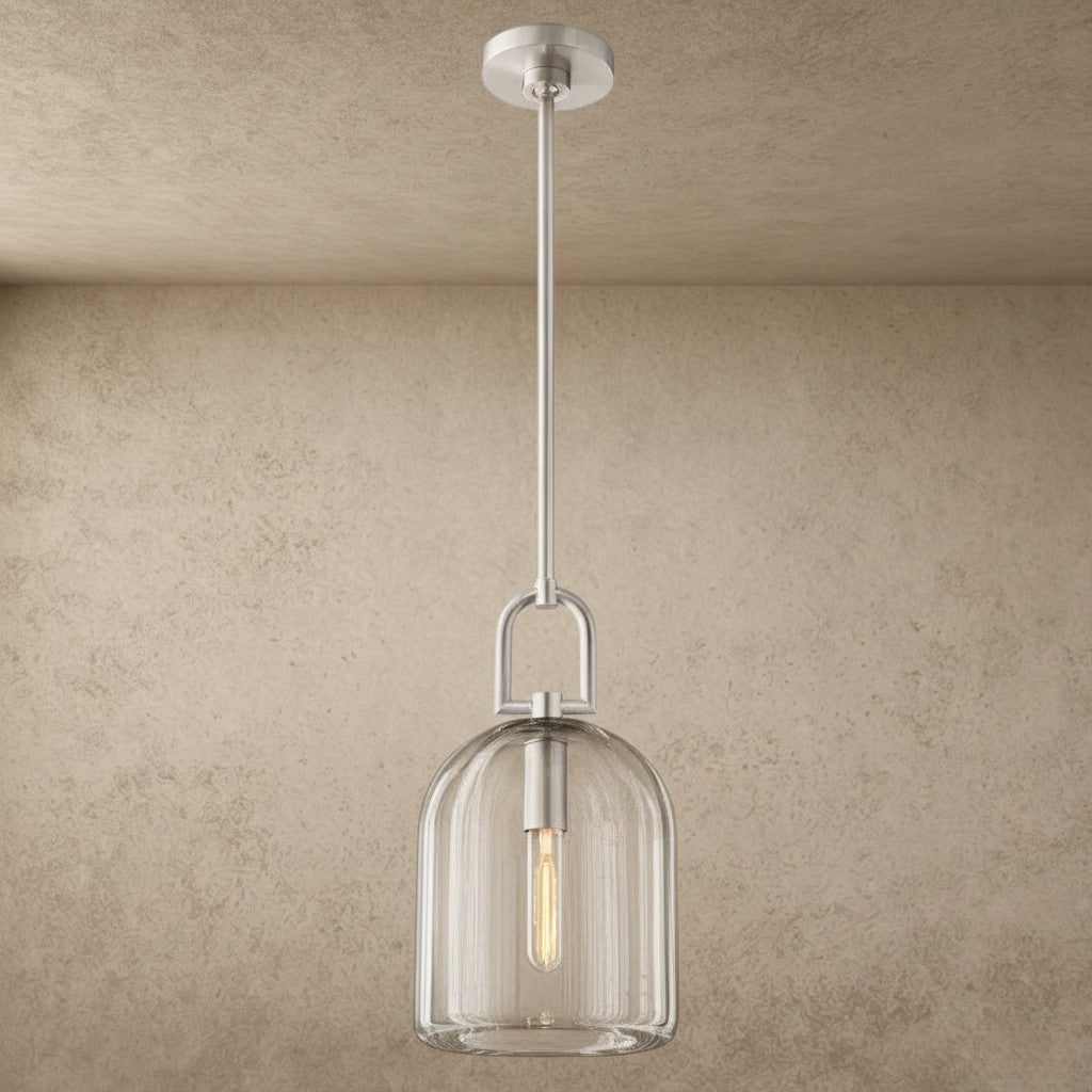 ichandelier Botanist Cloche Pendant, clear glass shade with vertical ribs, brushed nickel hardware, single exposed bulb