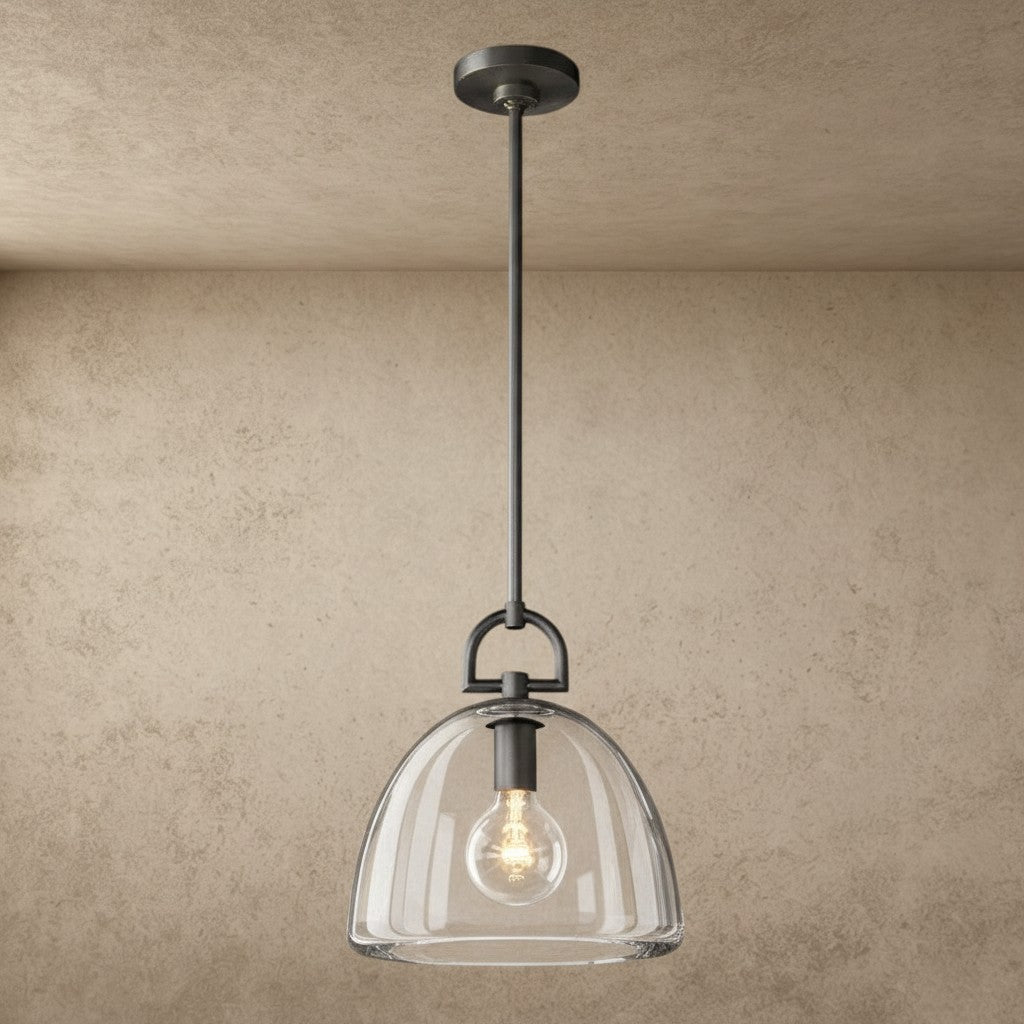 ichandelier Botanist Dome Pendant, clear glass shade, dark bronze finish, adjustable height, ideal for kitchens and dining rooms.