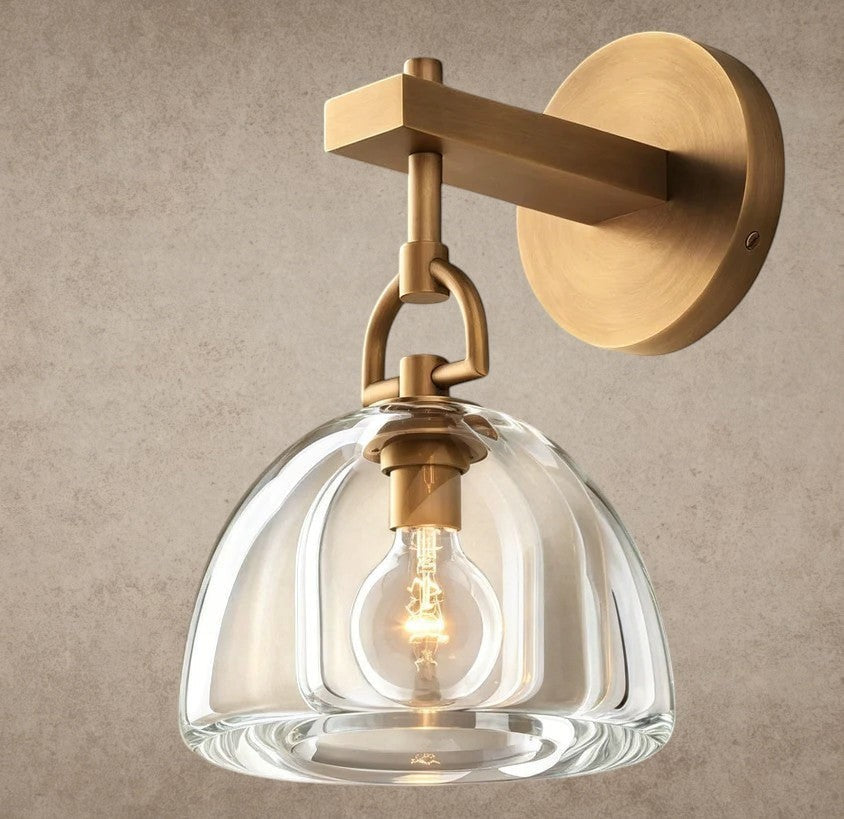 ichandelier Botanist Dome Sconce, clear glass shade with ribbed texture, antique brass finish, modern wall light
