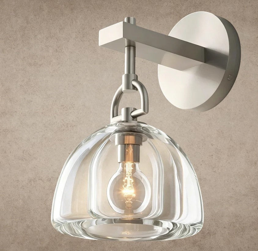 ichandelier Botanist Dome Sconce, clear glass shade with ribbed texture, brushed nickel finish, modern wall light