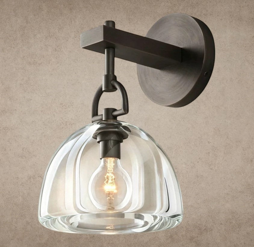 ichandelier Botanist Dome Sconce, clear glass shade with ribbed texture, bronze finish hardware, industrial style wall light