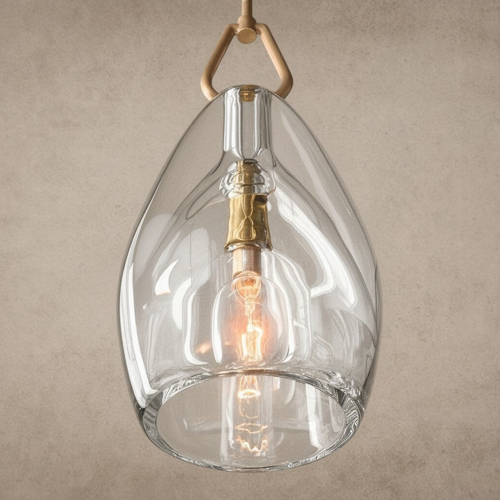 ichandelier Botanist Flute Pendant, clear glass teardrop shade with visible Edison bulb, brass hardware