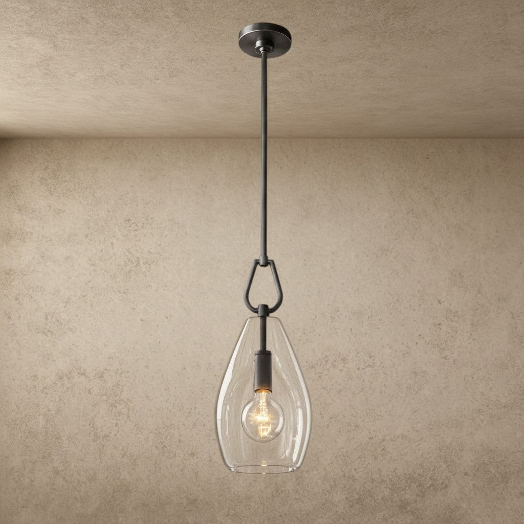 ichandelier Botanist Flute Pendant, clear glass shade with ribbed detail, dark bronze finish, modern farmhouse style