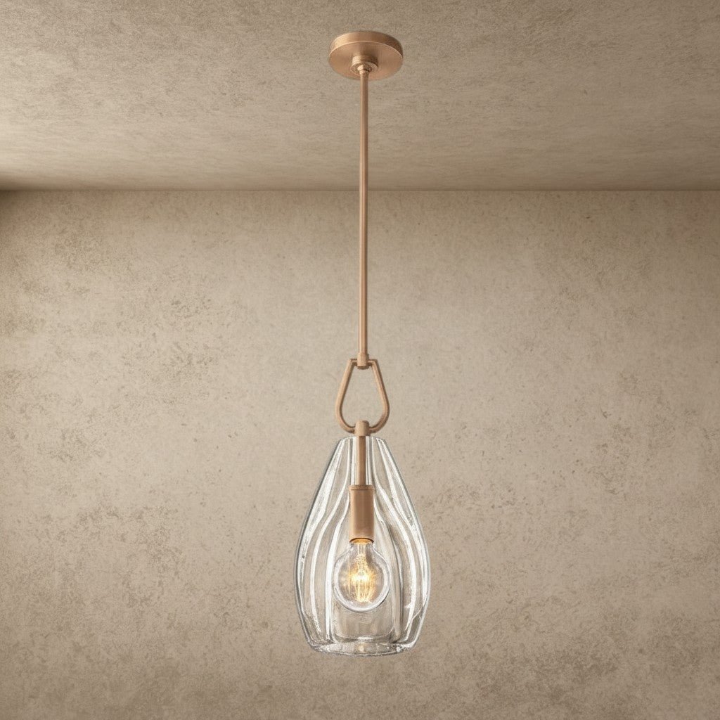 ichandelier Botanist Flute Pendant, clear glass teardrop shade with ribbed texture, brass hardware, modern accent lighting