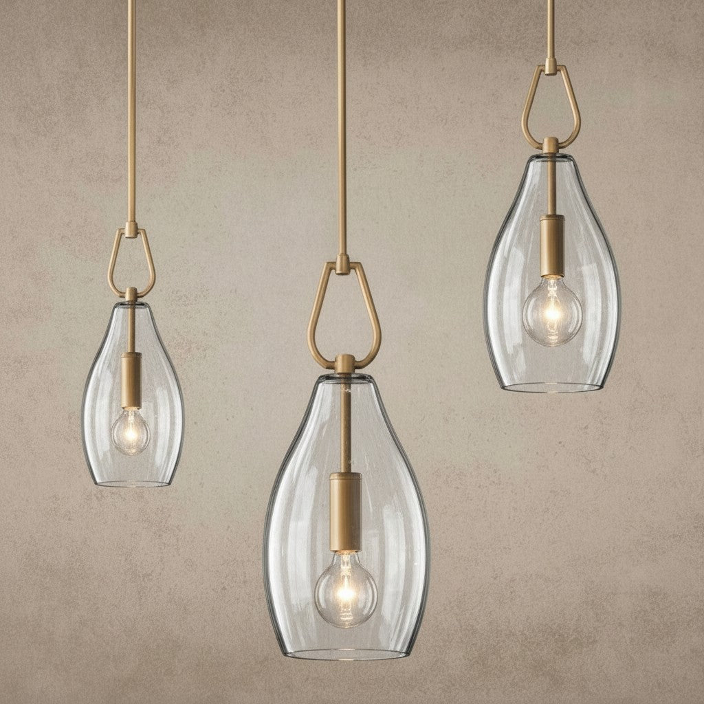 ichandelier Botanist Flute Pendant, clear glass teardrop shade with textured details, brass hardware, modern lighting